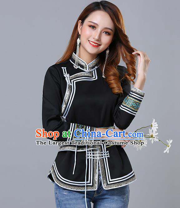 Chinese Traditional Black Satin Blouse Mongol Ethnic Nationality Costume Mongolian Minority Upper Outer Garment for Women