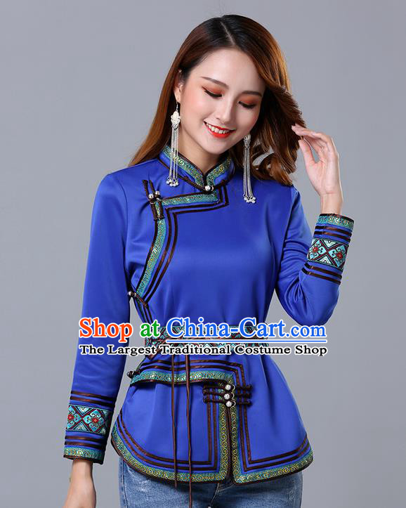 Chinese Traditional Royalblue Satin Blouse Mongol Ethnic Nationality Costume Mongolian Minority Upper Outer Garment for Women
