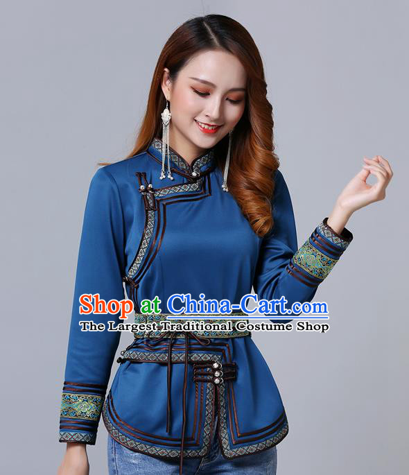 Chinese Traditional Peacock Blue Satin Blouse Mongol Ethnic Nationality Costume Mongolian Minority Upper Outer Garment for Women