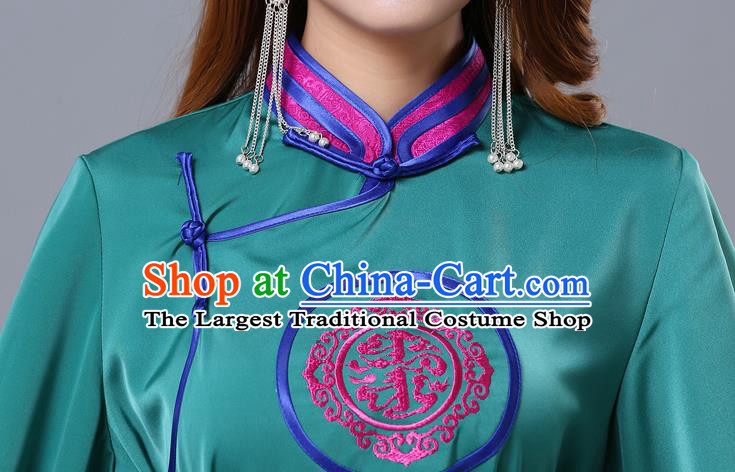 Chinese Traditional Mongolian Minority Green Satin Blouse Mongol Ethnic Nationality Upper Outer Garment Costume for Women