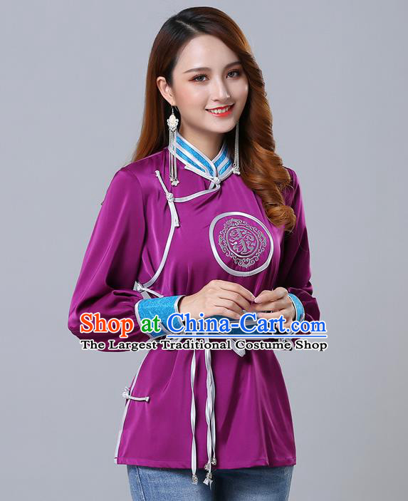 Chinese Traditional Mongolian Minority Purple Satin Blouse Mongol Ethnic Nationality Upper Outer Garment Costume for Women
