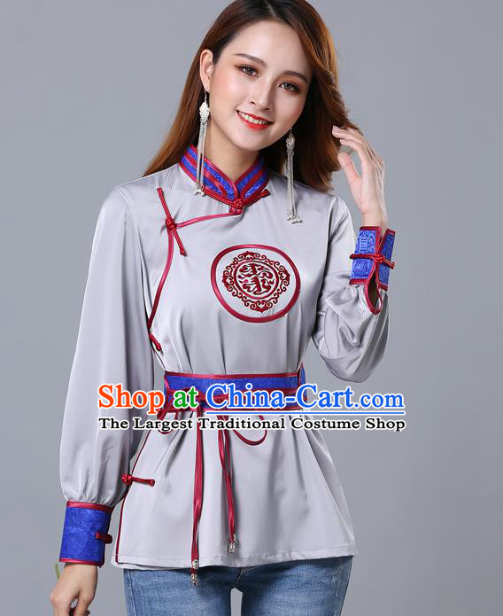 Chinese Traditional Mongolian Minority Grey Satin Blouse Mongol Ethnic Nationality Upper Outer Garment Costume for Women