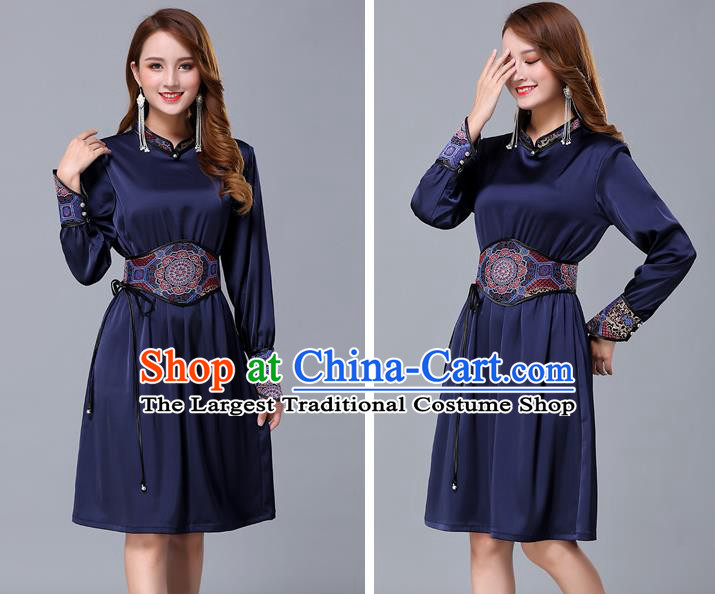 Chinese Traditional Mongolian Embroidered Navy Short Dress Minority Garment Mongol Ethnic Nationality Stand Collar Costume for Women