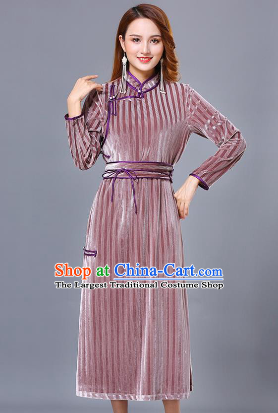Chinese Mongol Ethnic Nationality Pink Pleuche Dress Traditional Mongolian Minority Garment Costume for Women