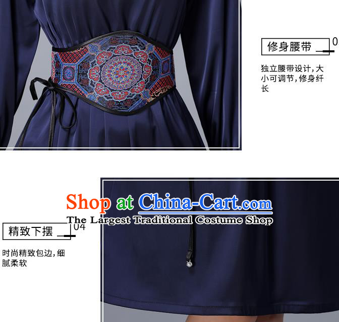 Chinese Traditional Mongolian Embroidered Navy Short Dress Minority Garment Mongol Ethnic Nationality Stand Collar Costume for Women