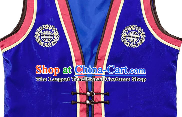 Chinese Mongol Ethnic Nationality Royalblue Satin Vest Traditional Mongolian Minority Garment Waistcoat Costume for Women