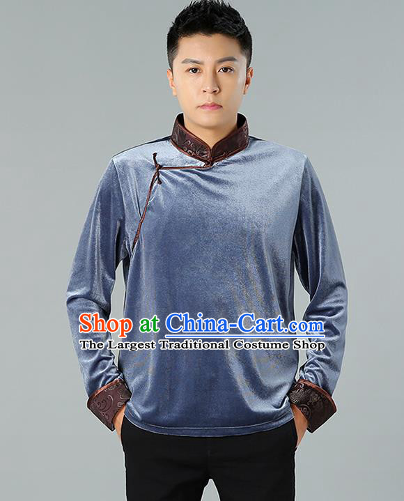 Chinese Mongolian Nationality Upper Outer Garment Traditional Mongol Ethnic Minority Costume Grey Pleuche Shirt for Men