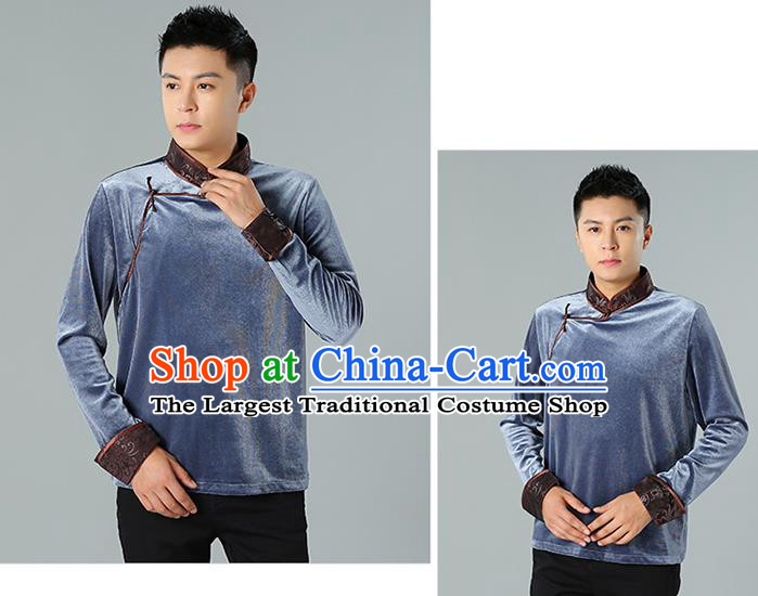 Chinese Mongolian Nationality Upper Outer Garment Traditional Mongol Ethnic Minority Costume Grey Pleuche Shirt for Men
