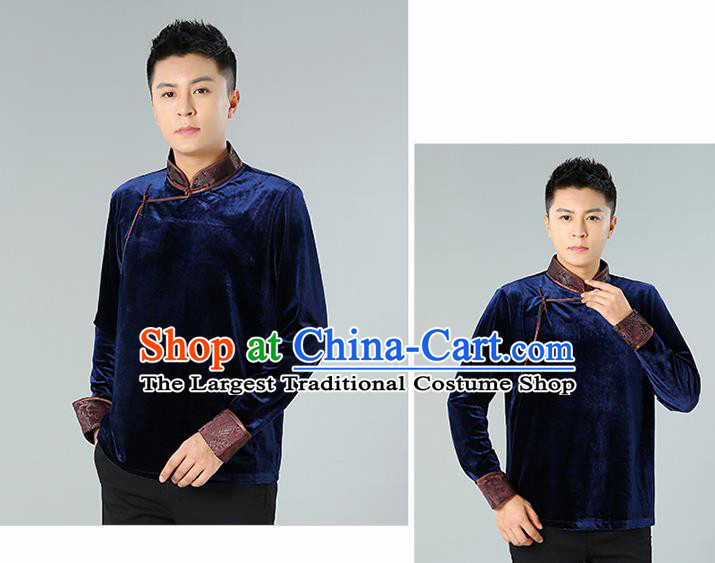 Chinese Mongolian Nationality Upper Outer Garment Traditional Mongol Ethnic Minority Costume Deep Blue Pleuche Shirt for Men