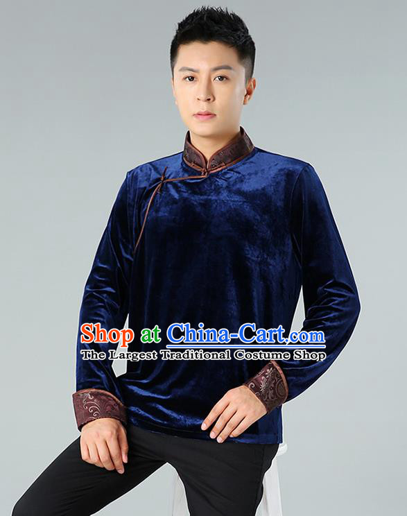 Chinese Mongolian Nationality Upper Outer Garment Traditional Mongol Ethnic Minority Costume Deep Blue Pleuche Shirt for Men