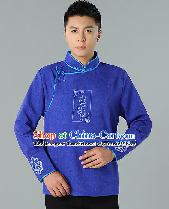 Chinese Mongolian Nationality Blue Linen Upper Outer Garment Traditional Mongol Ethnic Minority Shirt Costume for Men