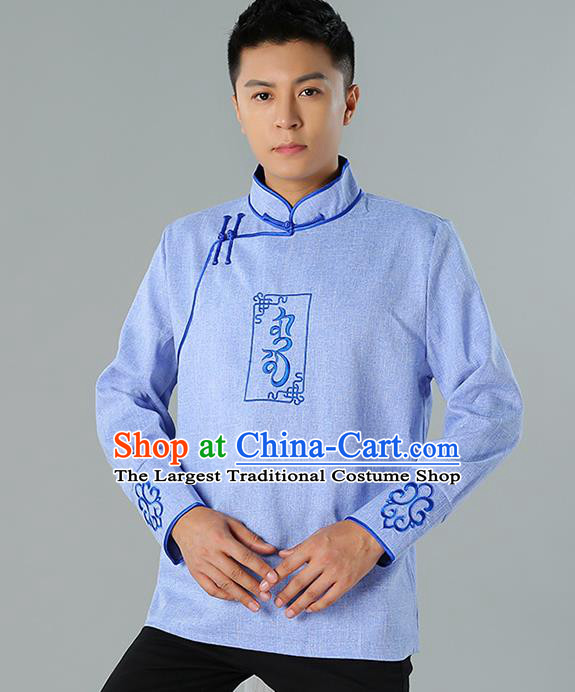 Chinese Mongolian Nationality Light Blue Linen Upper Outer Garment Traditional Mongol Ethnic Minority Shirt Costume for Men