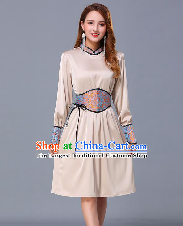 Chinese Traditional Mongolian Embroidered Champagne Short Dress Minority Garment Mongol Ethnic Nationality Stand Collar Costume for Women