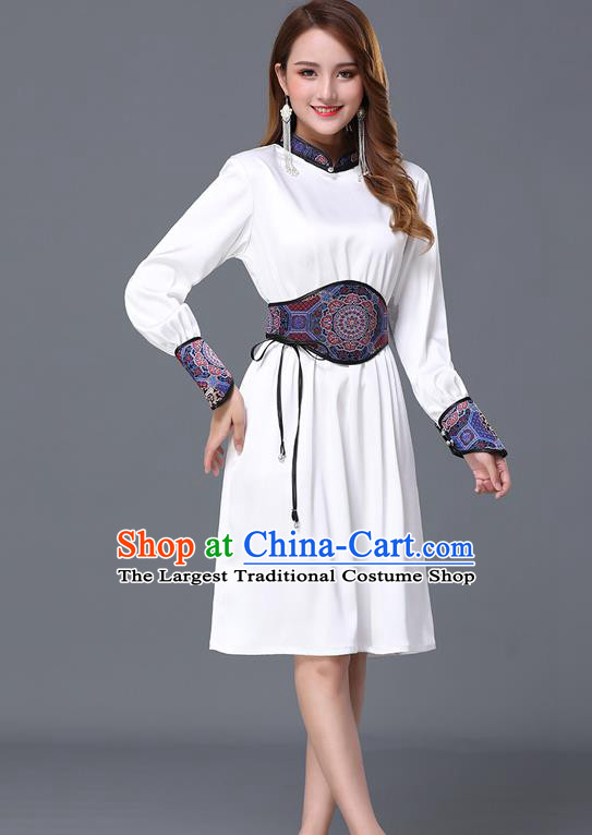 Chinese Traditional Mongolian Embroidered White Short Dress Minority Garment Mongol Ethnic Nationality Stand Collar Costume for Women