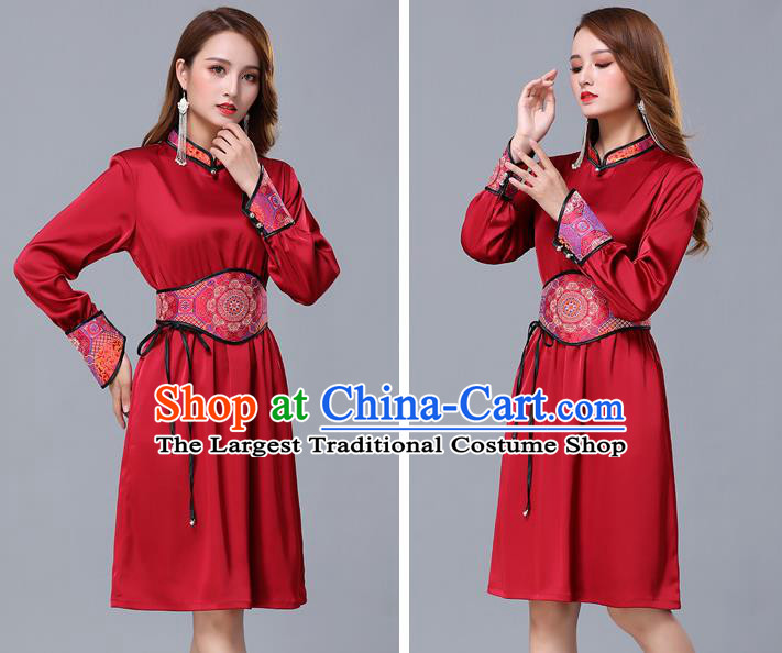 Chinese Traditional Mongolian Embroidered Red Short Dress Minority Garment Mongol Ethnic Nationality Stand Collar Costume for Women