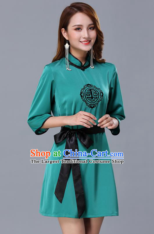 Chinese Traditional National Green Short Dress Mongolian Minority Garment Mongol Ethnic Nationality Costume for Women