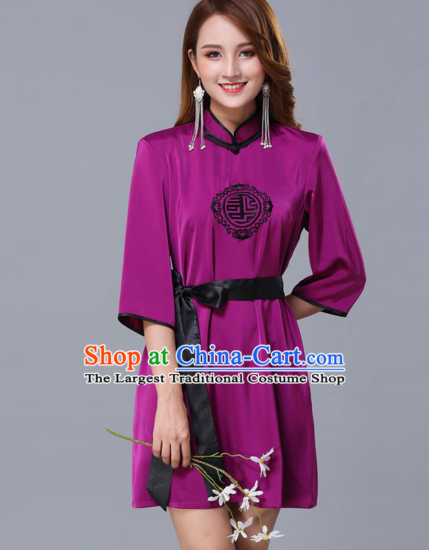 Chinese Traditional National Purple Short Dress Mongolian Minority Garment Mongol Ethnic Nationality Costume for Women