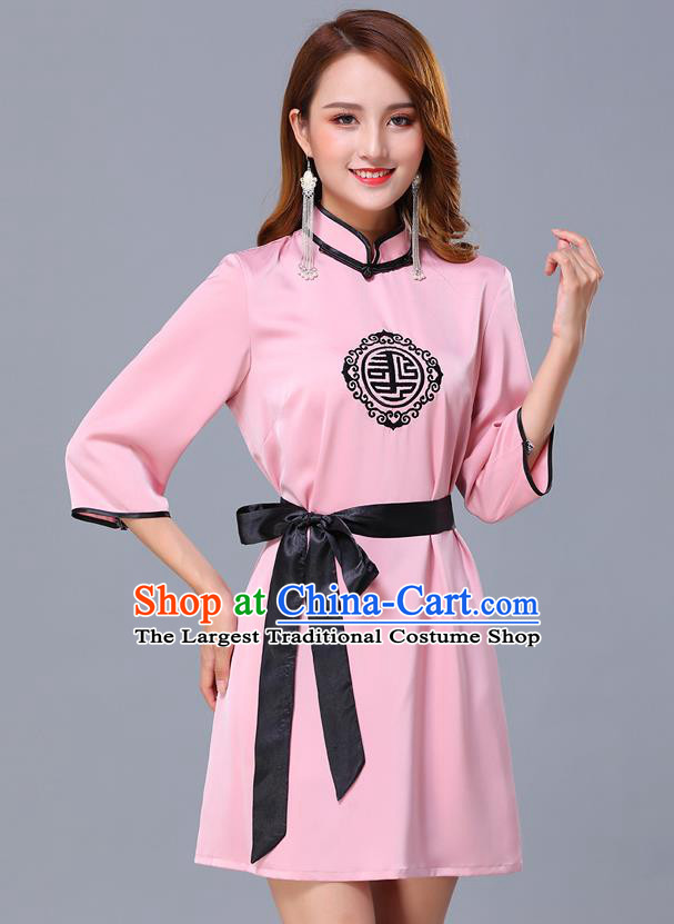 Chinese Traditional National Pink Short Dress Mongolian Minority Garment Mongol Ethnic Nationality Costume for Women
