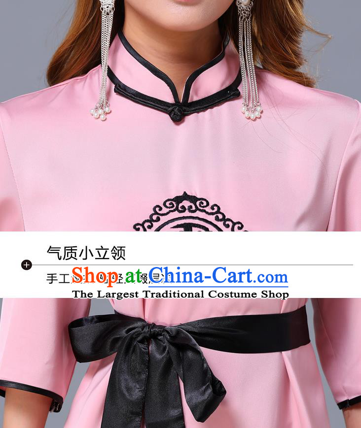 Chinese Traditional National Pink Short Dress Mongolian Minority Garment Mongol Ethnic Nationality Costume for Women