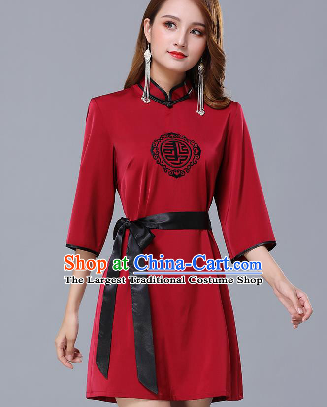 Chinese Traditional National Wine Red Short Dress Mongolian Minority Garment Mongol Ethnic Nationality Costume for Women