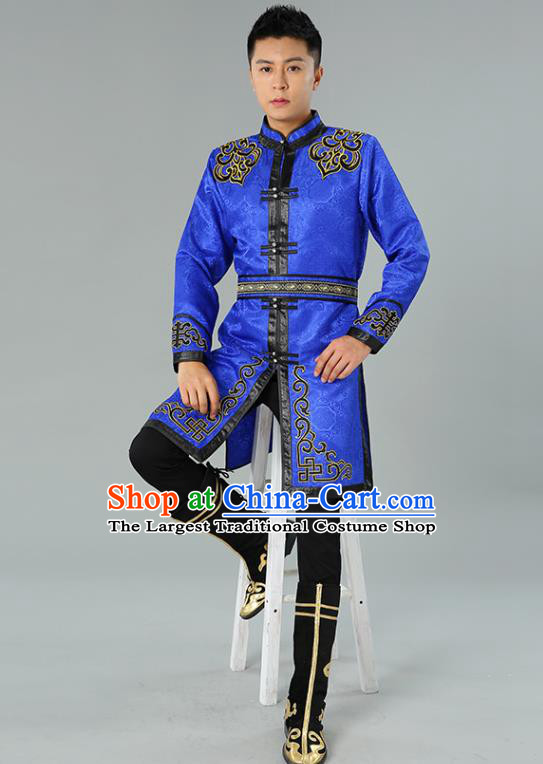 Chinese Mongol Nationality Coat Garment Traditional Ethnic Minority Costume Royalblue Mongolian Robe for Men