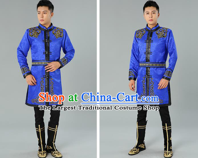 Chinese Mongol Nationality Coat Garment Traditional Ethnic Minority Costume Royalblue Mongolian Robe for Men