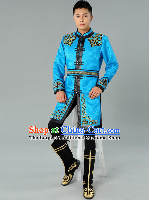 Chinese Mongol Nationality Coat Garment Traditional Ethnic Minority Costume Blue Mongolian Robe for Men
