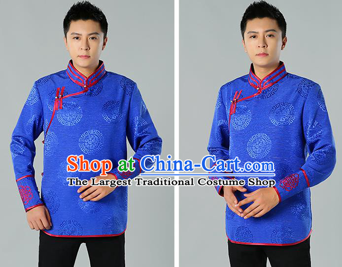 Chinese Mongol Nationality Upper Outer Garment Traditional Ethnic Minority Costume Royalblue Jacket for Men