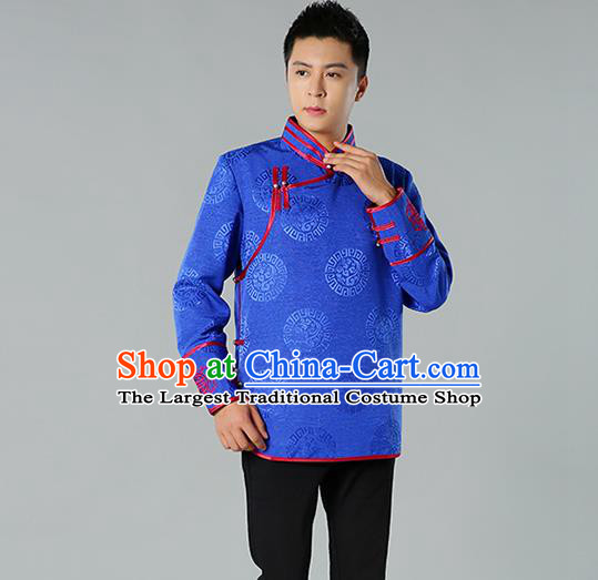 Chinese Mongol Nationality Upper Outer Garment Traditional Ethnic Minority Costume Royalblue Jacket for Men