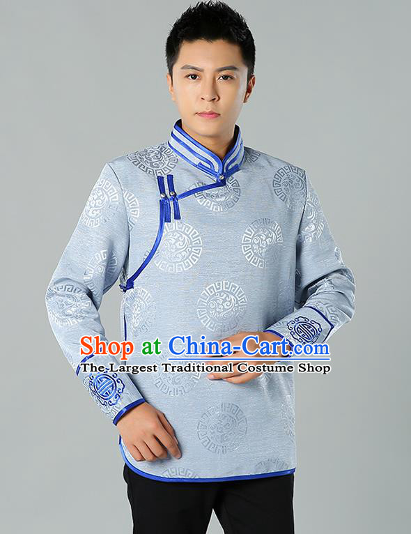 Chinese Mongol Nationality Upper Outer Garment Traditional Ethnic Minority Costume Grey Jacket for Men