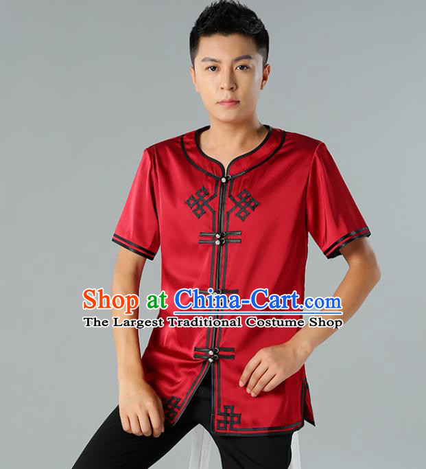 Chinese Mongol Nationality Red Silk Short Sleeve Shirt Traditional Ethnic Minority Costume Upper Outer Garment for Men