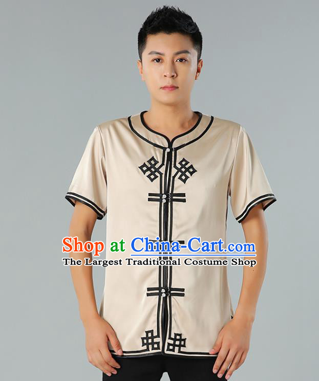 Chinese Mongol Nationality Beige Silk Short Sleeve Shirt Traditional Ethnic Minority Costume Upper Outer Garment for Men