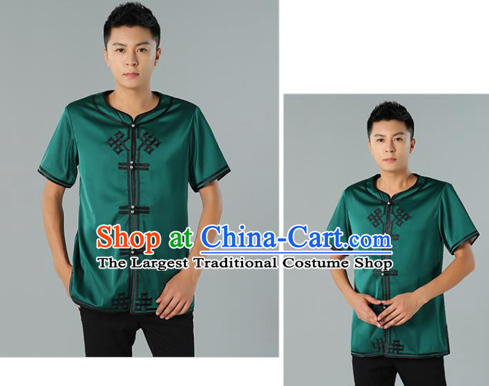Chinese Mongol Nationality Green Silk Short Sleeve Shirt Traditional Ethnic Minority Costume Upper Outer Garment for Men
