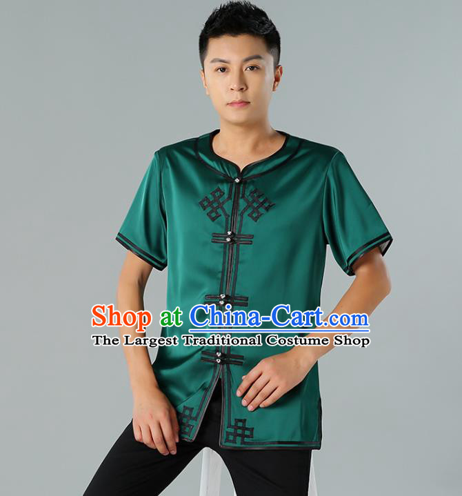 Chinese Mongol Nationality Green Silk Short Sleeve Shirt Traditional Ethnic Minority Costume Upper Outer Garment for Men