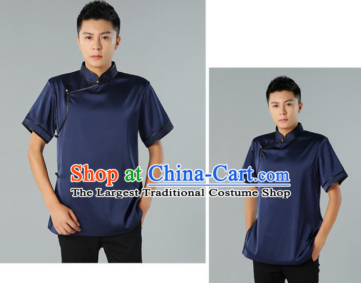 Chinese Mongol Nationality Minority Summer Navy Shirt Traditional Ethnic Upper Outer Garment Informal Costume for Men