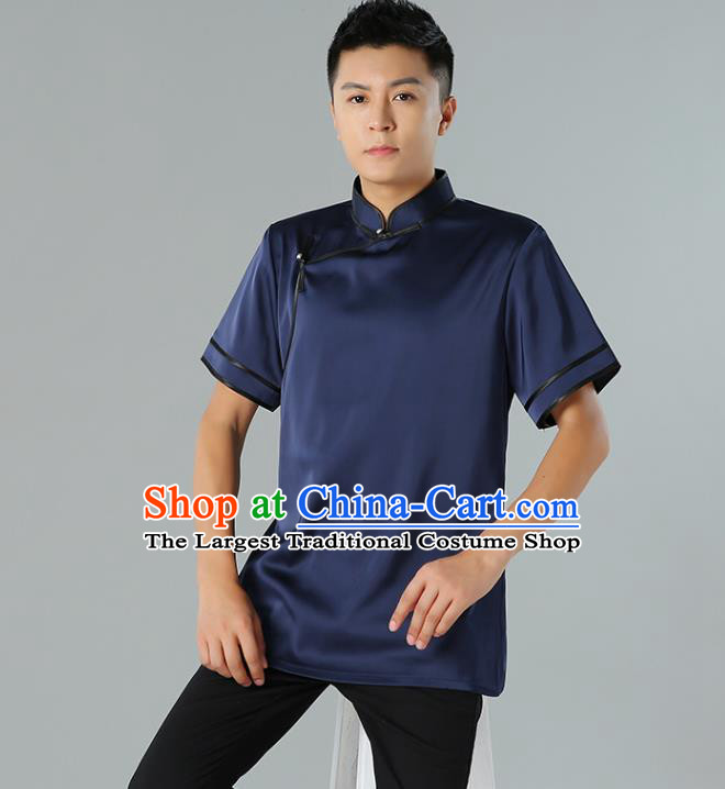 Chinese Mongol Nationality Minority Summer Navy Shirt Traditional Ethnic Upper Outer Garment Informal Costume for Men