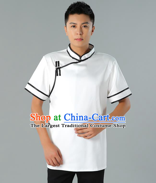 Chinese Mongol Nationality Minority Summer White Shirt Traditional Ethnic Upper Outer Garment Informal Costume for Men