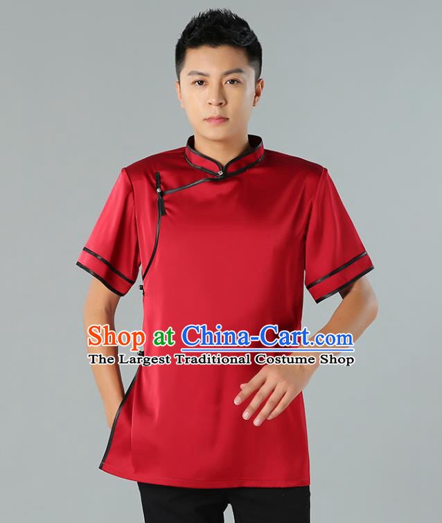 Chinese Mongol Nationality Minority Summer Red Shirt Traditional Ethnic Upper Outer Garment Informal Costume for Men