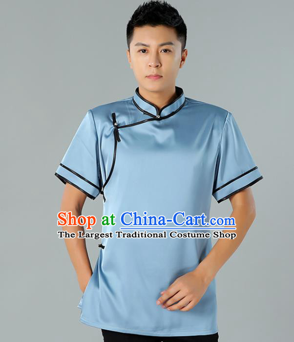 Chinese Mongol Nationality Minority Summer Blue Shirt Traditional Ethnic Upper Outer Garment Informal Costume for Men