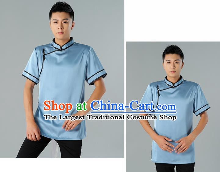 Chinese Mongol Nationality Minority Summer Blue Shirt Traditional Ethnic Upper Outer Garment Informal Costume for Men