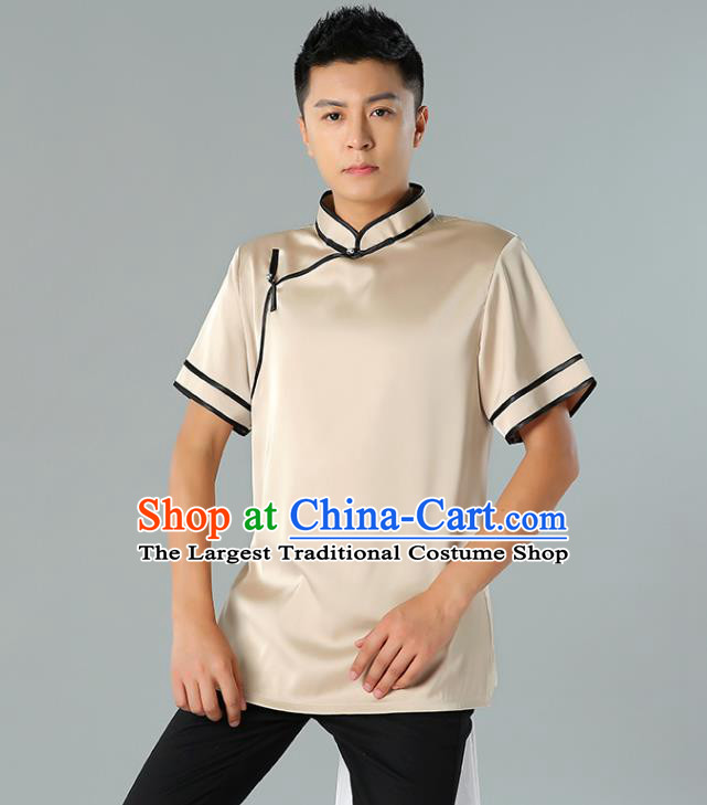 Chinese Mongol Nationality Minority Summer Champagne Shirt Traditional Ethnic Upper Outer Garment Informal Costume for Men