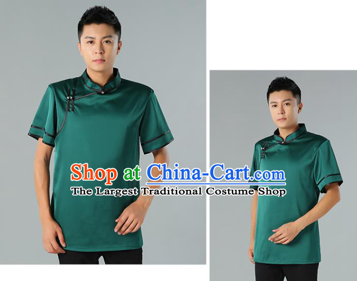 Chinese Mongol Nationality Minority Summer Green Shirt Traditional Ethnic Upper Outer Garment Informal Costume for Men