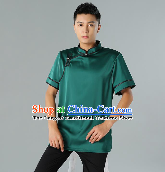 Chinese Mongol Nationality Minority Summer Green Shirt Traditional Ethnic Upper Outer Garment Informal Costume for Men