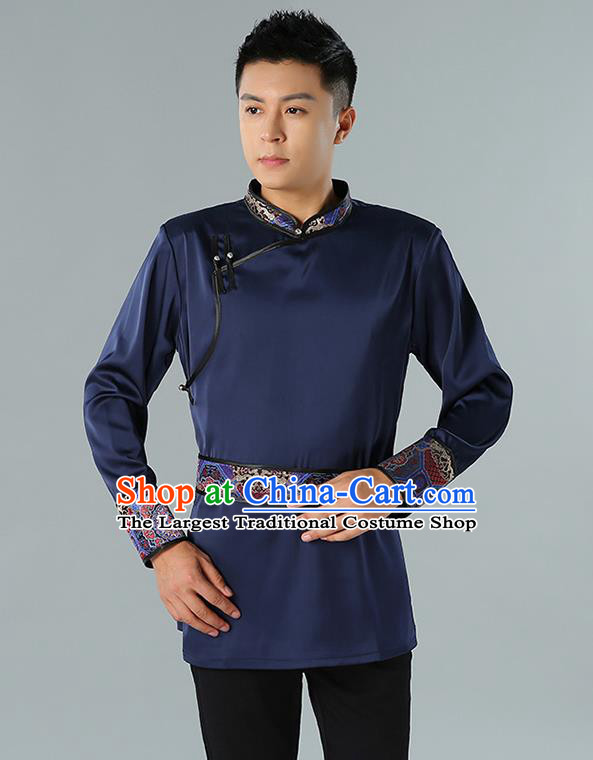 Chinese National Navy Shirt Traditional Ethnic Upper Outer Garment Mongol Minority Informal Costume for Men