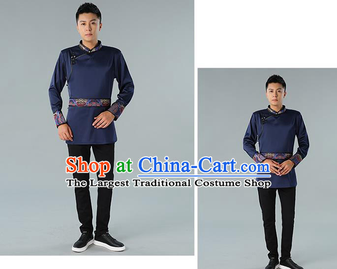 Chinese National Navy Shirt Traditional Ethnic Upper Outer Garment Mongol Minority Informal Costume for Men
