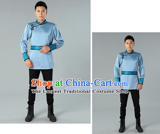 Chinese National Blue Shirt Traditional Ethnic Upper Outer Garment Mongol Minority Informal Costume for Men
