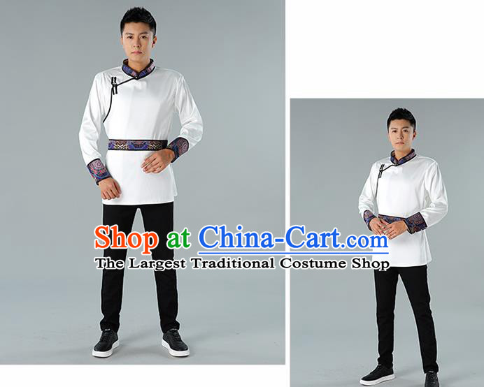 Chinese National White Shirt Traditional Ethnic Upper Outer Garment Mongol Minority Informal Costume for Men