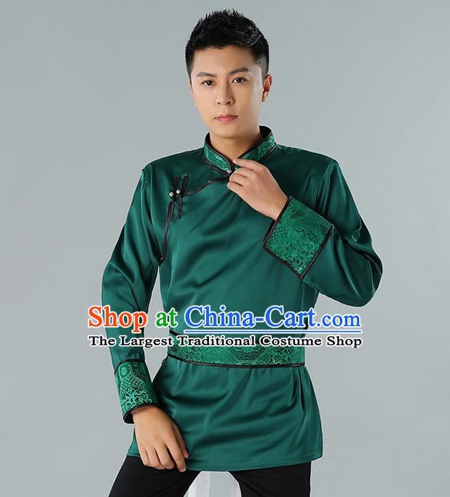 Chinese National Green Shirt Traditional Ethnic Upper Outer Garment Mongol Minority Informal Costume for Men