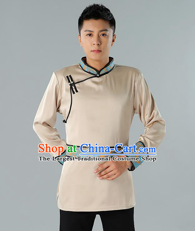 Chinese National Champagne Shirt Traditional Ethnic Upper Outer Garment Mongol Minority Informal Costume for Men