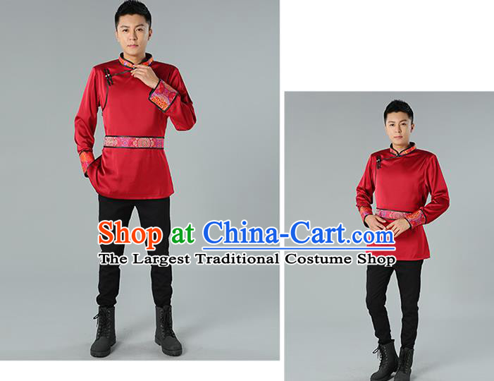 Chinese National Wine Red Shirt Traditional Ethnic Upper Outer Garment Mongol Minority Informal Costume for Men